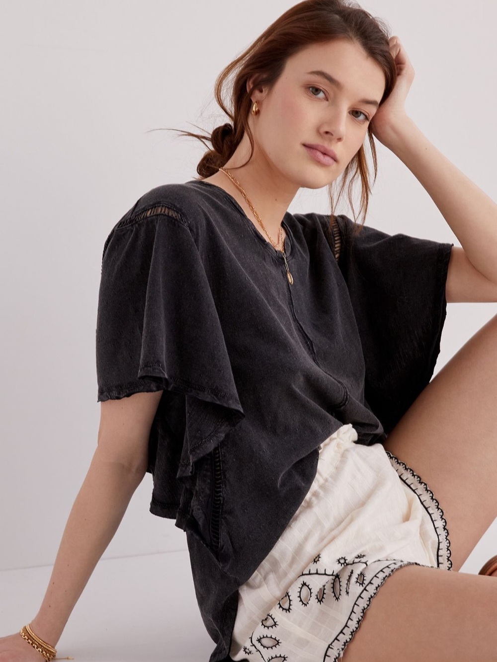 Anthropologie Washed Black Flutter-Sleeve Top